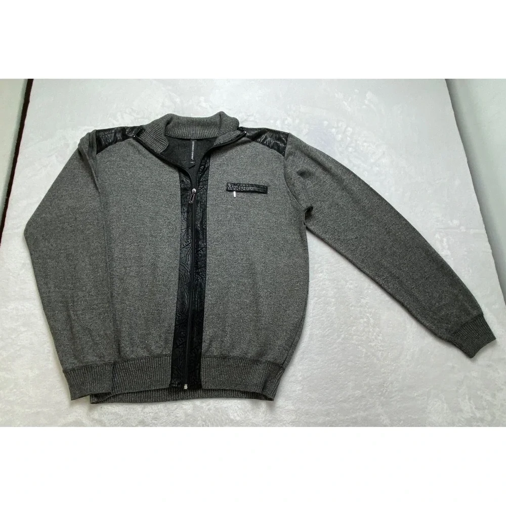 Leonardo Gavino Mens XXL Full Zip Sweater Gray Knit Faux Leather Trim Mock Neck‎